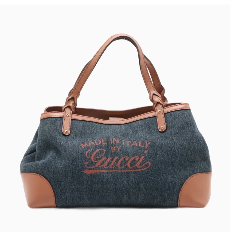 GUCCI Craft Logo Navy Denim & Tan Leather Tote Bag AUTHENTIC